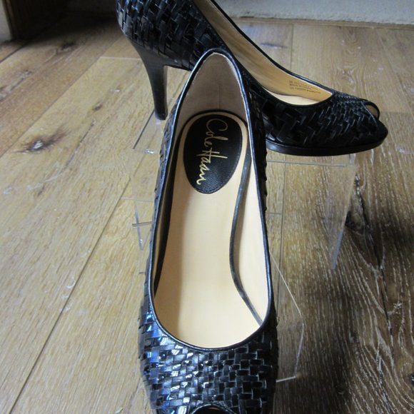 Cole Haan Black Leather Woven Peep-Toe Heels - Picture 3 of 8
